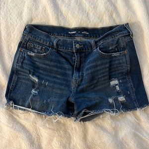 Old Navy, boyfriend cut denim shorts, mid-rise, distressed.